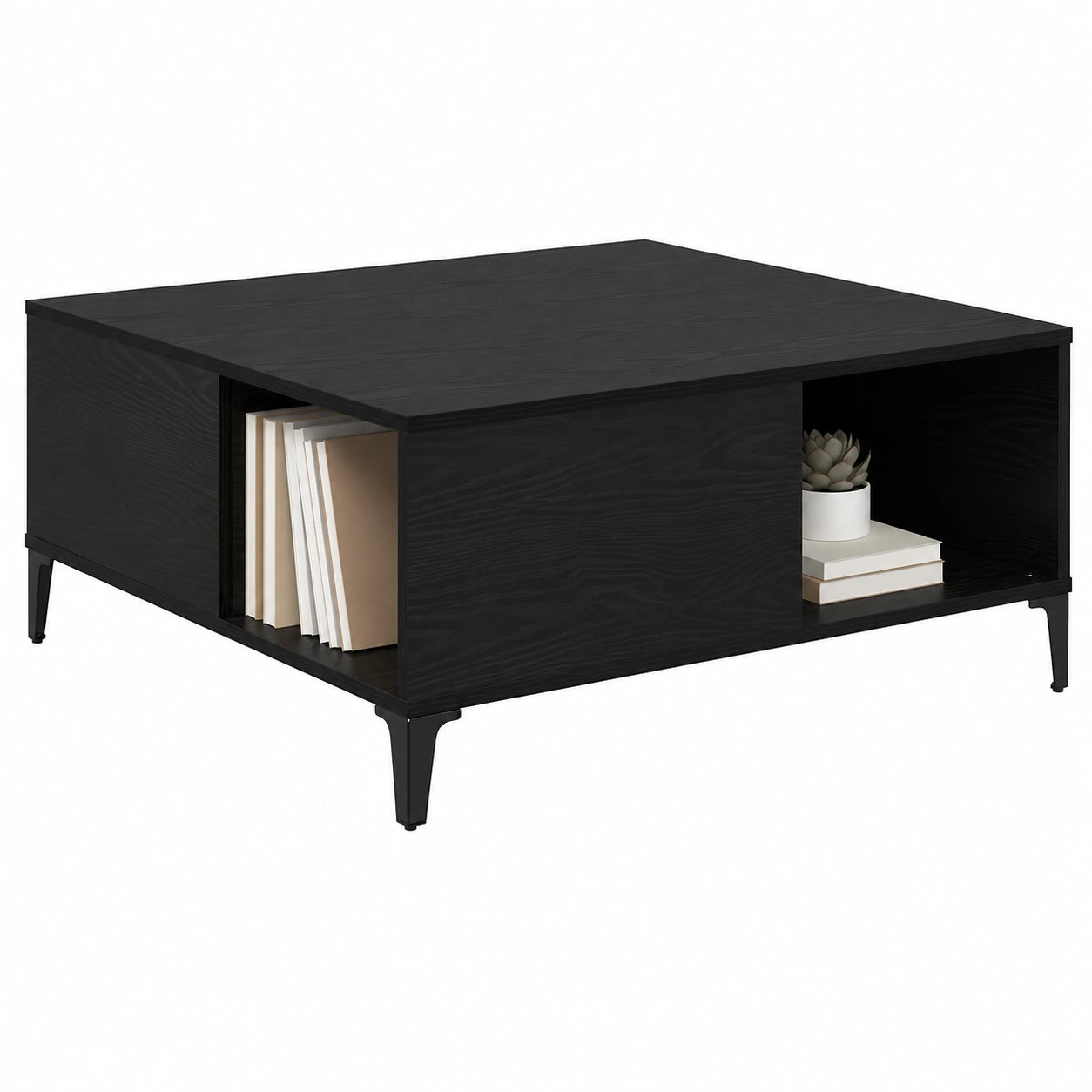 Table basse, en chêne, avec rangement, coloris noir, 80 x 80 x 36,5 cm, pour le salon