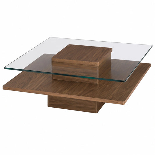 Table basse, en noyer et verre trempé, pour le salon