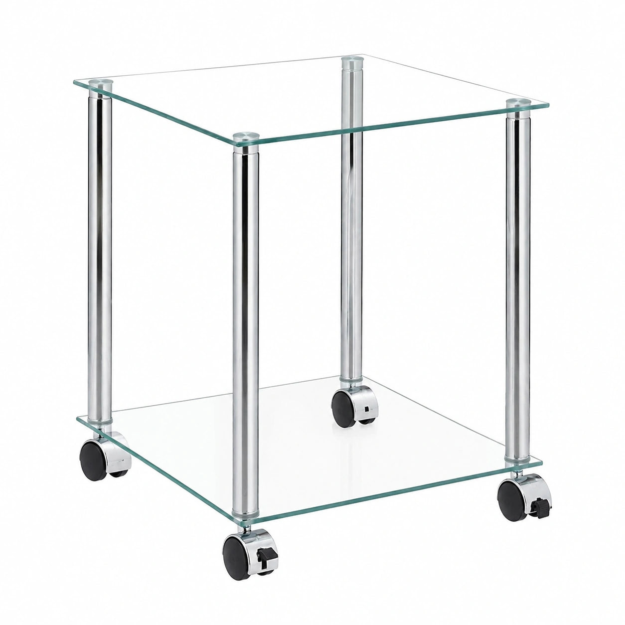 Table basse, sur roulettes, en acier et verre, coloris argenté et transparent, pour le salon