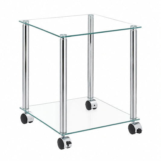 Table basse, sur roulettes, en acier et verre, coloris argenté et transparent, pour le salon